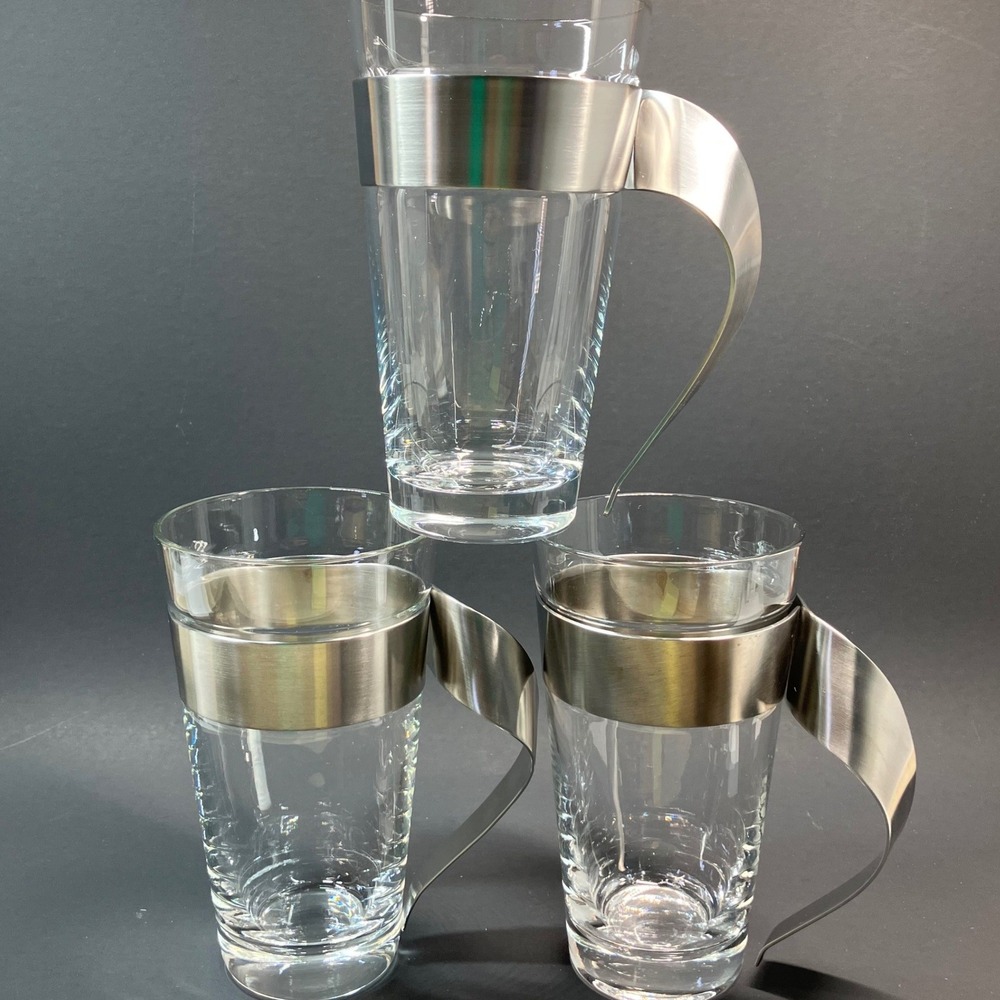 Bormioli Rocco Coffee Mugs Oslo Set of 3 Clear Glass Stainless Steel Handle